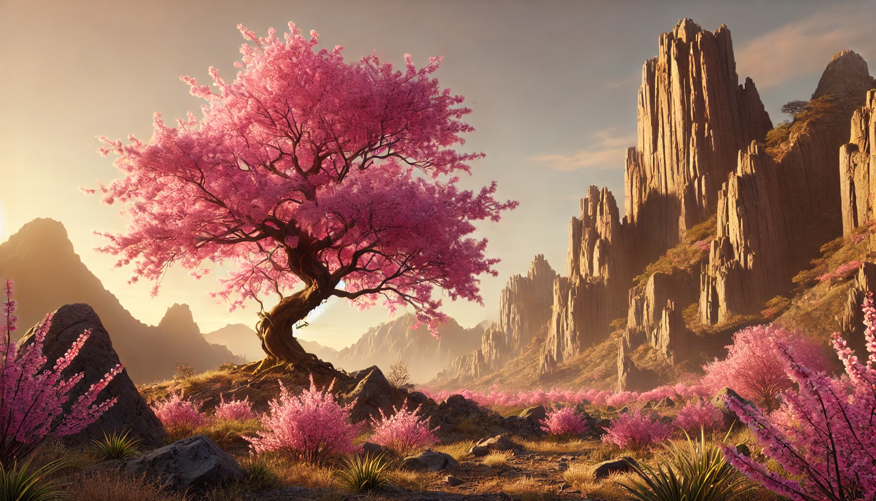 Scene of a majestic sakura tree in full bloom standing next to a rocky landscape, symbolizing the contrasting destinies of Iwa and Saku.