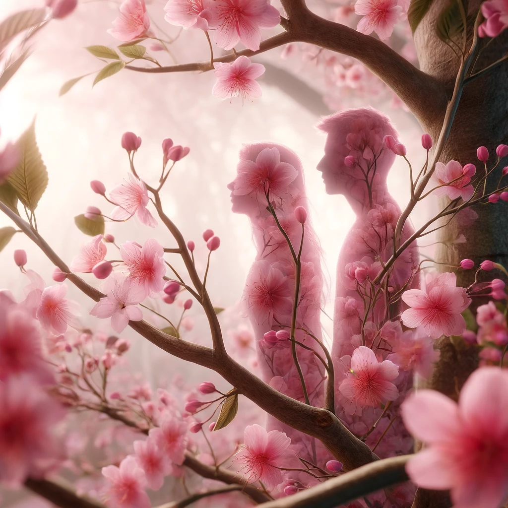 Sakura tree blooming with delicate pink flowers, with a hint of two human silhouettes merging into the tree, symbolizing their eternal love.