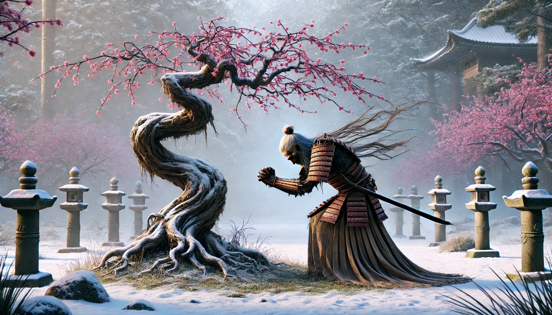 An ancient samurai bowing to a withered sakura tree in a snow-covered garden, which then blooms with vibrant pink flowers as his spirit merges with it.