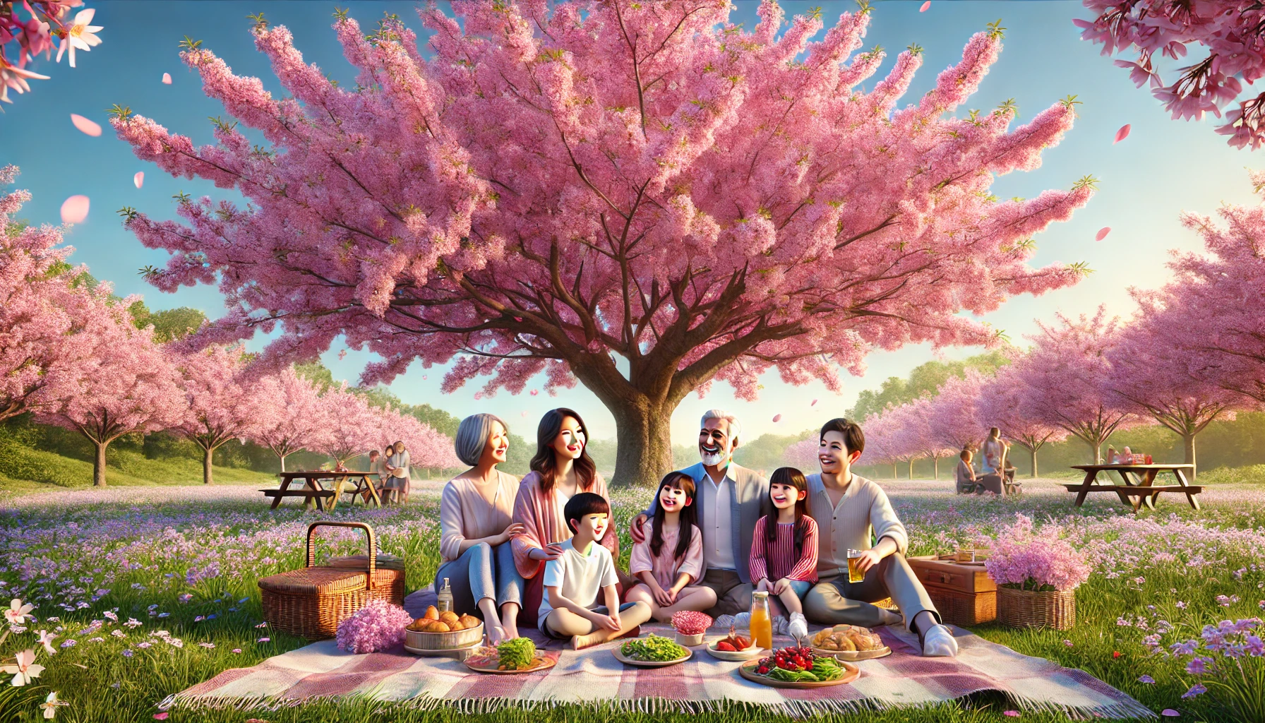 A family enjoying a picnic under a fully bloomed sakura tree, with petals gently falling around them, evoking a sense of peace and connection with ancestors.