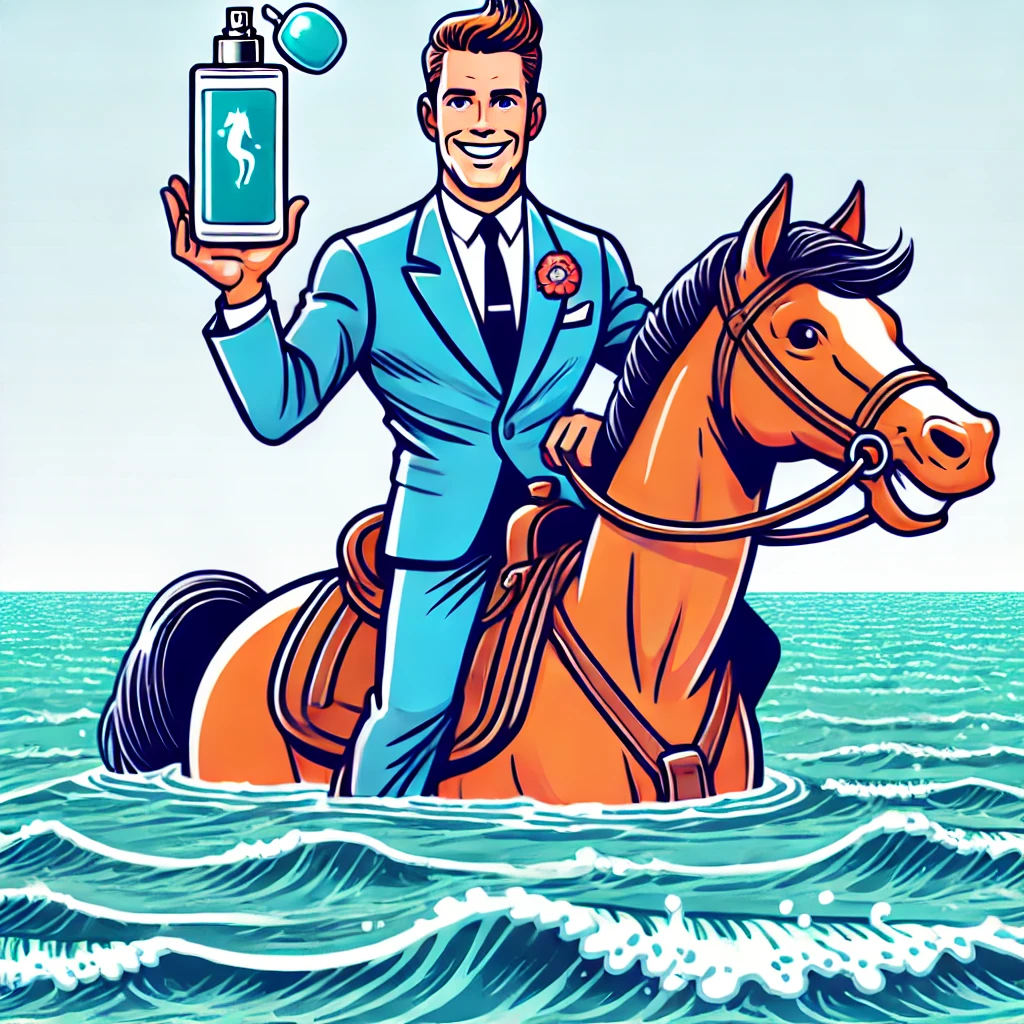 Here’s a fun and absurd image inspired by the Old Spice campaign. It features a suave, muscular man confidently holding a bottle of body spray while standing on a horse in the middle of the ocean. This over-the-top visual perfectly captures the humor and boldness that made the campaign so memorable!